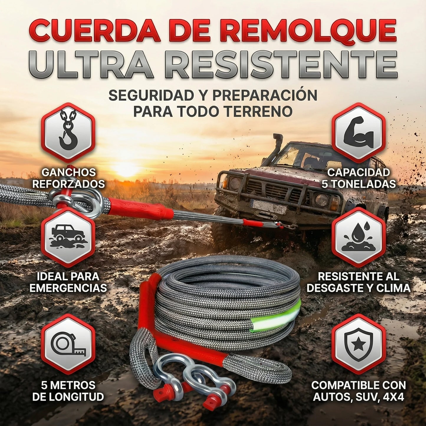 CUERDA PARA REMOLCAR DE ALTA RESISTENCIA 🎁PROMO 5 METROS🎁