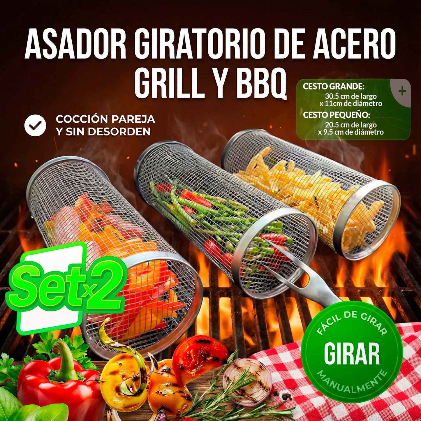 Cestas Giratorias para Parrilla – Asado Perfecto Sin Que Nada Se Caiga 🎁PROMO 2X1🎁