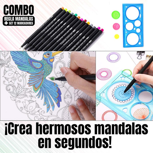 COMBO REGLA DE MANDALAS + MARCADORES PUNTA FINA (12U)