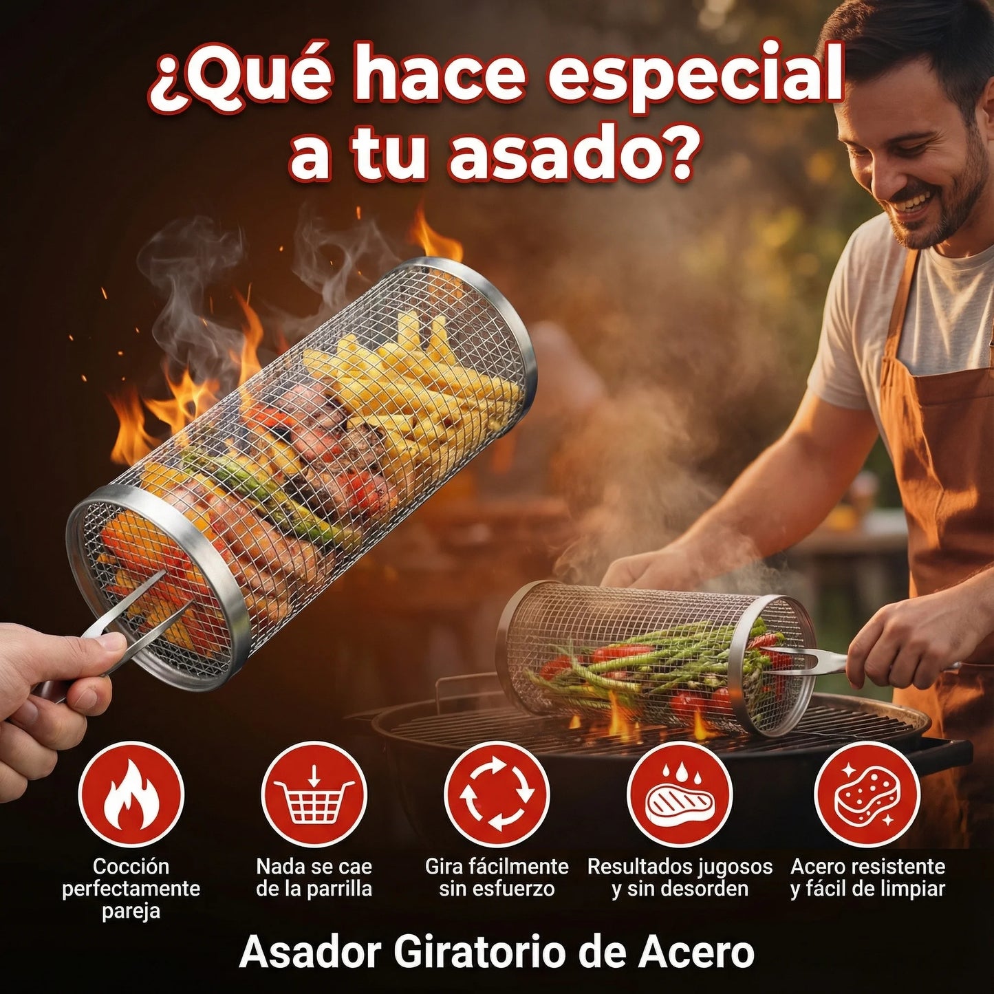 Cestas Giratorias para Parrilla – Asado Perfecto Sin Que Nada Se Caiga 🎁PROMO 2X1🎁