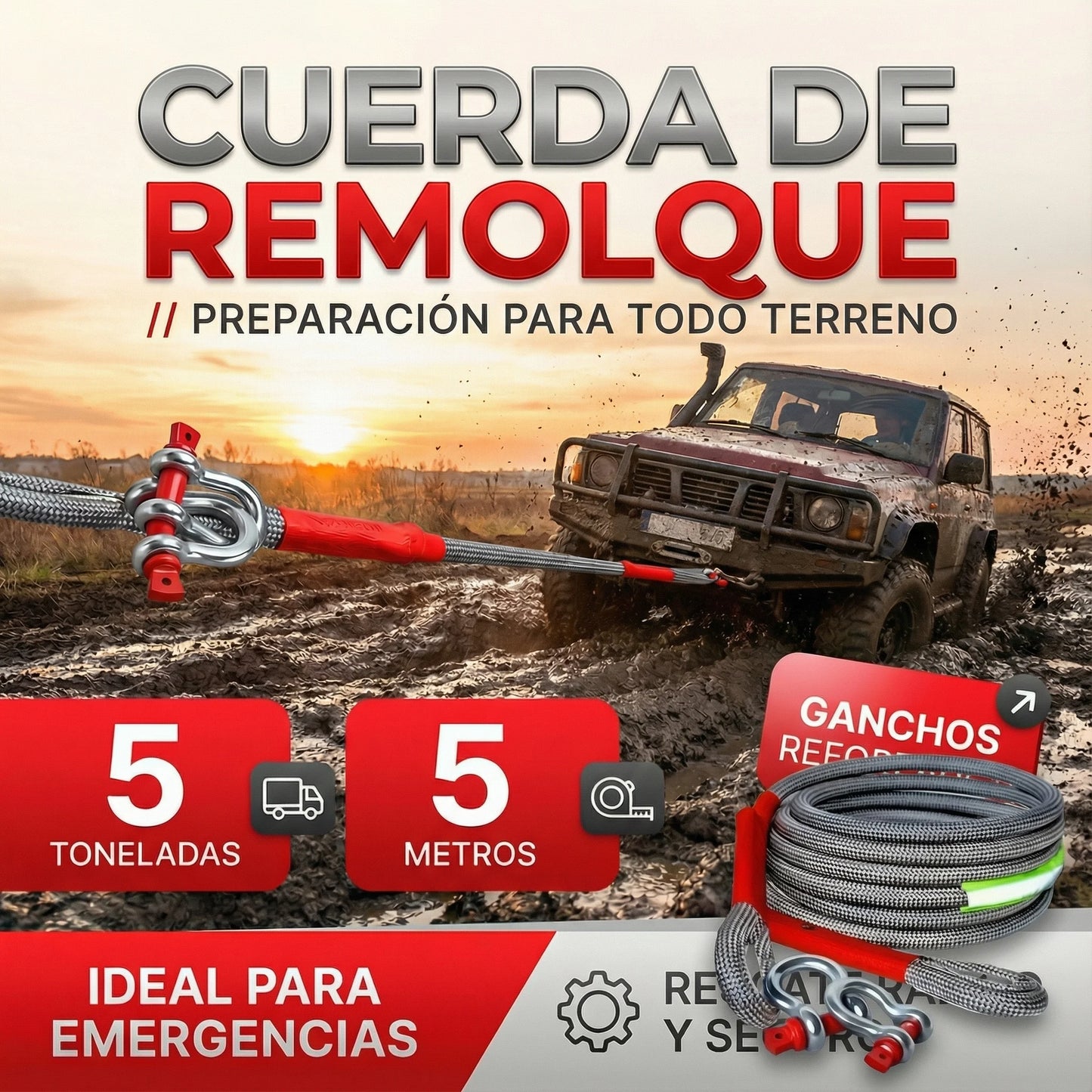 CUERDA PARA REMOLCAR DE ALTA RESISTENCIA 🎁PROMO 5 METROS🎁