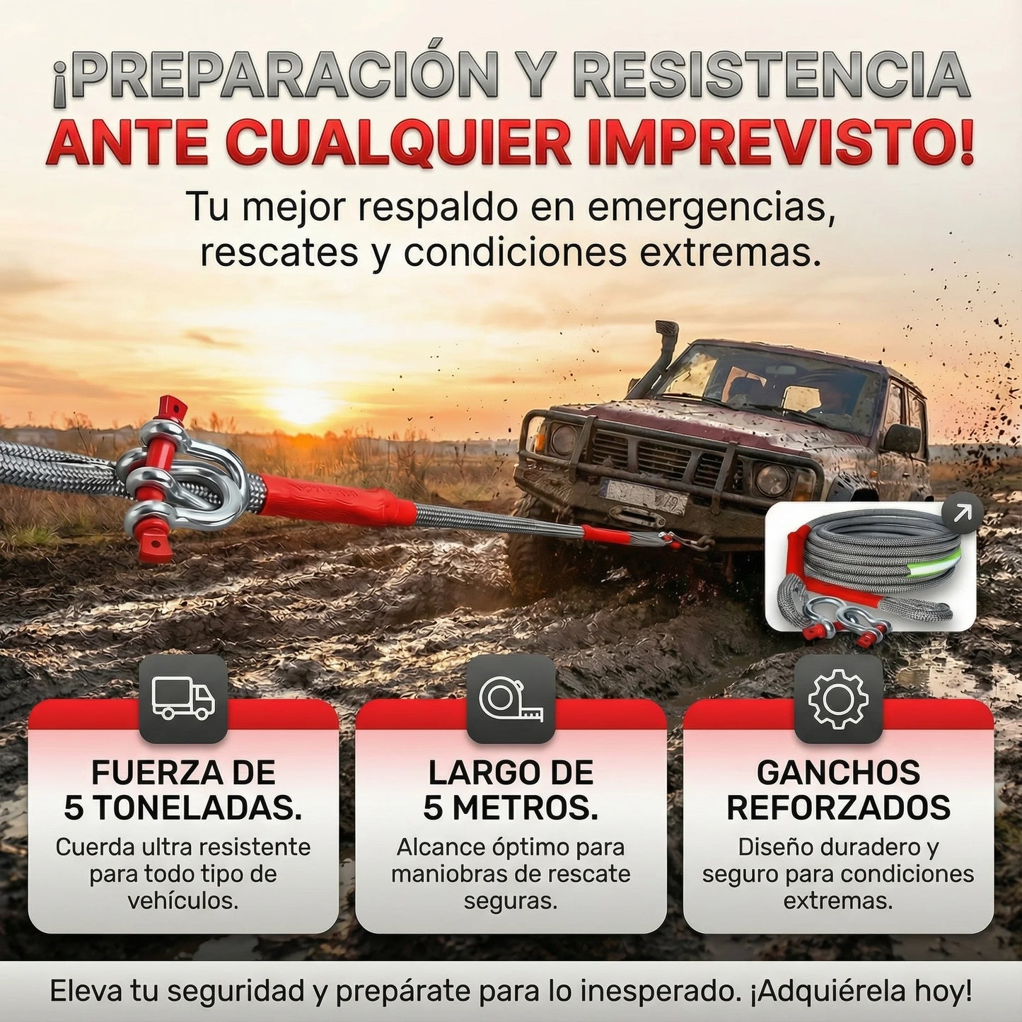 CUERDA PARA REMOLCAR DE ALTA RESISTENCIA 🎁PROMO 5 METROS🎁